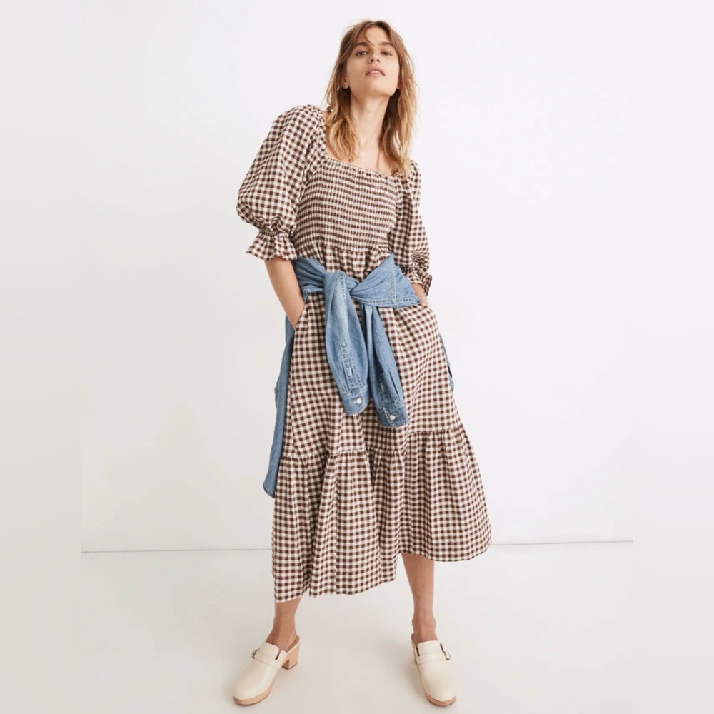 Lucie Elbow-Sleeve Gingham Midi Dress